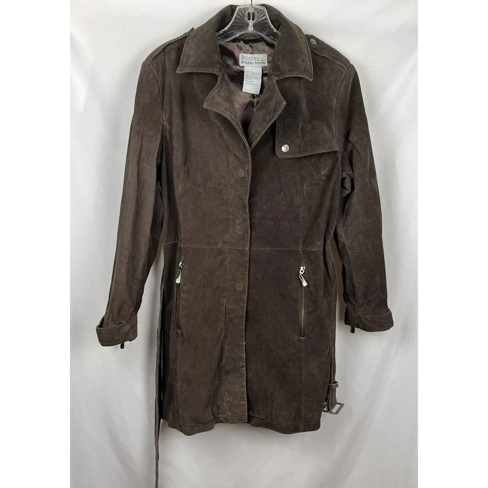 VTG Bradley Bayou Brown Suede‎ Leather Trench Coat Belted Y2K Outerwear Size S